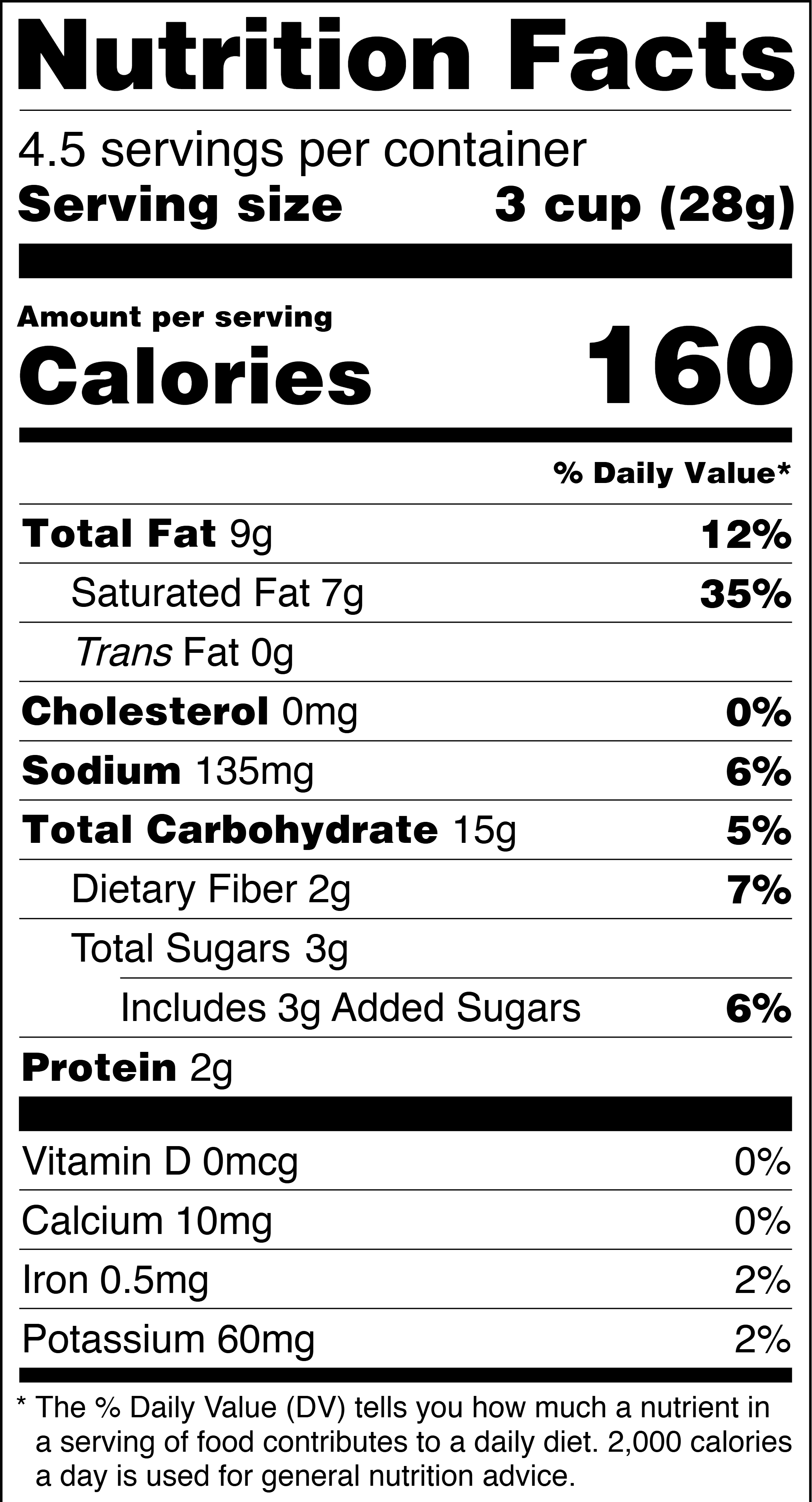 Nutrition facts label for a product with serving size, calories, and nutritional content.